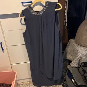 Scarlett Gray Midi Dress with Embellished Neckline